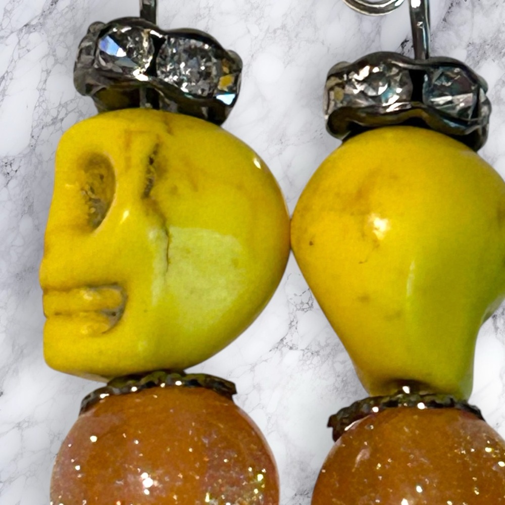 Hand Crafted Earrings Skulls Yellow Orange Rhinestones Dangle Long Pierced - Picture 5 of 5